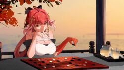 1girl absurdres bare_shoulders black_bow blurry blurry_background board_game bow braid breasts changli_(wuthering_waves) cleavage closed_mouth colored_extremities commentary gazebo go_(board_game) hair_bow hair_extensions hair_ornament hazeillusts head_rest highres holding large_breasts long_hair looking_at_object multicolored_hair orange_eyes outdoors pink_hair red_hands ring_hair_extensions smile solo streaked_hair sunset twin_braids water wuthering_waves