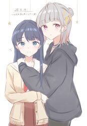 2girls absurdres black_hoodie black_pantyhose blue_eyes blush brown_cardigan brown_dress cardigan closed_mouth commentary cowboy_shot dated diagonal_bangs dollchestra dress flying_sweatdrops grey_hair hair_bun hair_ornament half_updo hasu_no_sora_school_uniform highres hood hoodie hug iroha_(nami3) link!_like!_love_live! long_sleeves looking_at_viewer love_live! multicolored_hair multiple_girls murano_sayaka open_cardigan open_clothes pantyhose pink_eyes pleated_dress raised_inner_eyebrows red_hair sailor_collar sailor_dress school_uniform single_hair_bun smile standing streaked_hair symbol-only_commentary translation_request virtual_youtuber white_sailor_collar x_hair_ornament yugiri_tsuzuri
