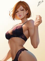 1girl absurdres alvsdraws bra breasts brown_eyes brown_hair commentary earrings glint gradient_background hand_up highres jewelry jujutsu_kaisen kugisaki_nobara looking_at_viewer medium_breasts navel panties parted_bangs parted_lips purple_bra purple_panties short_hair signature simple_background stud_earrings underwear underwear_only