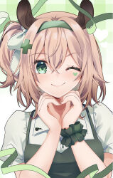 1girl animal_ears brown_hair closed_mouth cross_hair_ornament crossed_bangs green_eyes green_hairband green_scrunchie hair_between_eyes hair_ornament hairband heart heart_hands indie_virtual_youtuber k-rumi looking_at_viewer medium_hair nimi_nightmare one_eye_closed one_side_up scrunchie short_sleeves simple_background smile solo tapir_ears tapir_girl upper_body virtual_youtuber wrist_scrunchie