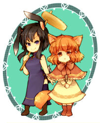 2girls :o animal_ears black_hair boots cat_ears china_dress chinese_clothes dress fire_emblem fire_emblem:_genealogy_of_the_holy_war hair_ornament hairclip holding holding_mallet kine lana_(fire_emblem) larcei_(fire_emblem) looking_at_viewer mallet multiple_girls nintendo orange_hair own_hands_together rabbit_ears rabbit_tail short_hair side_slit sidelocks simple_background smile tail thighhighs watabou