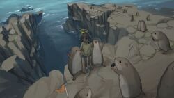1other animal black_hair camera cliff dark_skin double_v gopher_(animal) halo highres holding holding_camera hood hoodie ocean original outdoors rock scenery standing taking_picture tensen_(dotted_line) v water yellow_eyes