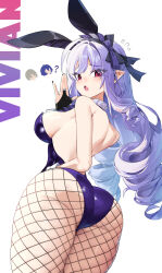 Rule 34 | 1girl, absurdres, animal ear hairband, animal ears, ass, backless leotard, belle (zenless zone zero), black gloves, black nails, blush, breasts, chakkab, character name, drill hair, fake animal ears, fingerless gloves, fishnet pantyhose, fishnets, flying sweatdrops, from behind, from below, gloves, hairband, highres, large breasts, leotard, long hair, looking at viewer, looking back, median furrow, mole, mole under eye, open mouth, pantyhose, playboy bunny, pointy ears, purple hair, purple leotard, rabbit ear hairband, rabbit ears, red eyes, simple background, solo, vivian banshee, white background, wise (zenless zone zero), wrist cuffs, zenless zone zero
