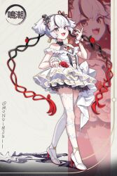 1girl absurdres adapted_costume alternate_costume artist_name bare_shoulders black_eyes black_flower blake_bloom_(wuthering_waves) breasts camellya_(wuthering_waves) cleavage_cutout clothing_cutout commentary_request dress earrings flower full_body gold_earrings hair_flower hair_ornament hand_up high_heels highres jewelry korean_commentary looking_at_viewer mono_(mono_mon) navel open_mouth red_pupils shoes short_hair single_thighhigh small_breasts smile solo stomach thighhighs white_dress white_hair white_shoes white_thighhighs wuthering_waves zoom_layer