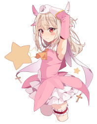 1girl absurdres akaneko016 arm_up armpits ascot bare_shoulders blush blush_stickers breasts cape dress elbow_gloves fate/kaleid_liner_prisma_illya fate_(series) feather_hair_ornament feathers gloves hair_ornament highres illyasviel_von_einzbern layered_gloves long_hair looking_at_viewer pink_dress pink_gloves prisma_illya red_eyes sidelocks skirt small_breasts smile solo star_(symbol) two_side_up white_cape white_gloves white_hair white_skirt