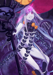 1girl abigail_williams_(fate) abigail_williams_(third_ascension)_(fate) bare_shoulders black_bow black_hat black_panties bow breasts colored_skin corruption dark_persona fate/grand_order fate_(series) forehead glowing glowing_eye grin hair_bow hat keyhole long_hair looking_at_viewer navel orange_bow panties parted_bangs possessed possession red_eyes ryofuhiko sharp_teeth small_breasts smile solo staff teeth tentacles thighs third_eye underwear white_hair white_skin witch_hat yog-sothoth