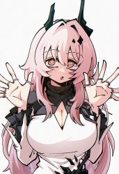 1girl :o arknights breasts bright_pupils cleavage cleavage_cutout clothing_cutout curious dress dryegen hair_between_eyes highres horns jewelry large_breasts long_hair long_sleeves looking_at_viewer messy open_mouth pink_eyes pink_hair solo surprised theresa_(arknights) upper_body white_background white_dress white_pupils