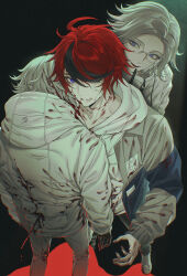 3boys 7nite absurdres ahoge aotsuki_eito black_background black_gloves black_pants black_streaks bleeding blood blood_in_hair blood_on_face blood_on_ground blood_on_hands blood_on_neck blood_on_shoes blue_eyes blue_jacket chinese_commentary clone clothes_writing drawstring evil_smile finger_to_mouth glasses gloves grey_hair grey_jacket highres hood hoodie impaled jacket knife male_focus multicolored_hair multicolored_jacket multiple_boys nervous_sweating open_clothes open_jacket outstretched_arm pants pool_of_blood purple_eyes red_hair shoes short_hair shushing smile spoilers streaked_hair sumino_takumi sweat sweatdrop the_hundred_line_-last_defense_academy- two-tone_jacket weibo_username white_hoodie white_jacket white_pants white_shoes zipper