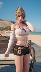 Rule 34 | 1girl, 3d, absurdres, bare shoulders, beach, bench, bikini, blonde hair, breasts, brown eyes, chain, darts77, dead or alive, dead or alive xtreme, dead or alive xtreme venus vacation, from below, gold necklace, gyaru, highres, jewelry, large breasts, looking at viewer, navel, necklace, outdoors, realistic, sand, smile, solo, standing, swimsuit, yukino (doa)