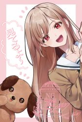 Rule 34 | 1girl, blush, brown hair, brown jacket, furen e lustario, furen e lustario (school uniform), jacket, long hair, looking at viewer, mar0maru, nijisanji, open mouth, out of frame, red eyes, sailor collar, school uniform, simple background, smile, stuffed animal, stuffed toy, teddy bear, upper body, very long hair, virtual youtuber