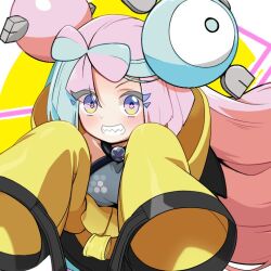 Rule 34 | 1girl, iono (pokemon), nintendo, oversized clothes, pink hair, pokemon, pokemon sv, poyoxis, sharp teeth, smile, solo, teeth
