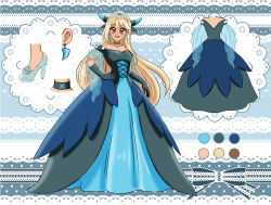 Rule 34 | 1girl, blonde hair, brown eyes, charizard, choker, cosplay, creatures (company), dress, earrings, game freak, gen 1 pokemon, glass slipper, highres, jewelry, mega charizard x, mega charizard x (cosplay), mega pokemon, mega stone, nintendo, original, pokemon, princess, reference sheet, shoulder spikes, spikes, tiara, tsaianda