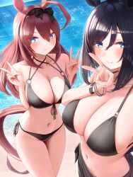 2girls absurdres ahoge alternate_costume animal_ears artist_name bikini black_bikini black_bow black_sarong blush bow bracelet breasts cleavage closed_mouth collarbone day double_v eishin_flash_(umamusume) hair_between_eyes hair_bow halterneck highres horse_ears horse_girl horse_tail jewelry large_breasts long_hair looking_at_viewer menchi_rishio mihono_bourbon_(umamusume) multiple_bracelets multiple_girls navel o-ring o-ring_bikini o-ring_top ocean outdoors sarong short_hair side-tie_bikini_bottom smile stomach swimsuit tail umamusume v