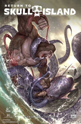 abs ape beak cliff cloud cloudy_sky comic_cover cover_art day electricity energy english_text extra_eyes fangs fins giant giant_monster gorilla inhyuk_lee kaiju king_kong king_kong_(series) kraken_(king_kong) legendary_pictures monster monsterverse muscular_arms muscular_other no_humans no_pupils ocean octopus official_art open_mouth overcast partially_submerged pectorals punching purple_electricity return_to_skull_island rock saliva saliva_trail scar scar_on_chest sea_monster sharp_teeth skull skull_island_(netflix) sky splashing squid storm_cloud suction_cups teeth tentacles water waves white_electricity yellow_eyes