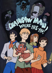 alternate_costume alternate_hair_color armor black_hair black_tears blonde_hair blue_pants brown_coat brown_hair brown_pants chainsaw chainsaw_man chef_hat closed_eyes closed_mouth coat cosplay daphne_blake daphne_blake_(cosplay) denji_(chainsaw_man) disembodied_head dress falling_devil_(chainsaw_man) fami_(chainsaw_man) flat_top_chef_hat fred_jones fred_jones_(cosplay) ghost ghost_devil_(chainsaw_man) green_scarf green_shirt hairband hat helm helmet highres holding_detached_head knight low_twintails medium_hair mitaka_asa mole mole_under_eye neckerchief orange_hair orange_neckerchief orange_sweater pants pochita_(chainsaw_man) purple_dress purple_hairband red_skirt scarf scooby-doo shaggy_rogers shaggy_rogers_(cosplay) shirt short_hair skirt spect_ion sweater tail tentacles tongue tongue_out toon_(style) turtleneck turtleneck_sweater twintails velma_dinkley velma_dinkley_(cosplay) white_sweater yoru_(chainsaw_man) yoshida_hirofumi