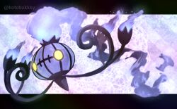 chandelure commentary_request fire full_body gen_5_pokemon glowing glowing_eyes kotobukkii_(yt_lvlv) letterboxed nintendo no_humans outside_border pokemon pokemon_(creature) pokemon_focus purple_fire solo twitter_username yellow_eyes