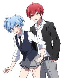 2boys ansatsu_kyoushitsu belt black_jacket blue_eyes blue_hair blue_vest blush commentary_request crossdressing flustered grey_pants grey_skirt hand_in_pocket hand_on_another&#039;s_thigh highres jacket long_sleeves miniskirt multiple_boys necktie pants pervert pleated_skirt red_hair shirt short_twintails simple_background skirt trap twintails vest white_background white_hair white_shirt yellow_eyes yur11