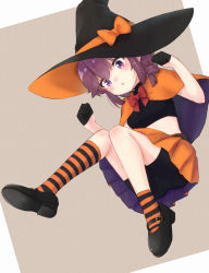 1girl ass bike_shorts black_gloves black_shorts black_stripes blush bow bowtie breasts brown_hair cape gloves hat highres kuramoto_takato looking_at_viewer machikado_mazoku midriff miniskirt open_mouth orange_skirt orange_stripes purple_eyes red_bow red_bowtie short_hair shorts skirt small_breasts socks solo striped_clothes striped_socks witch_hat yoshida_ryouko