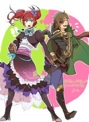 Rule 34 | armor, body switch, boots, brown hair, cape, closed eyes, date masamune, eyepatch, frilled skirt, frills, gloves, green eyes, grimace, hosokawa gracia, interlocked fingers, japanese clothes, japanese text, kimono, obi, personality switch, red hair, sash, sengoku musou, skirt, smile