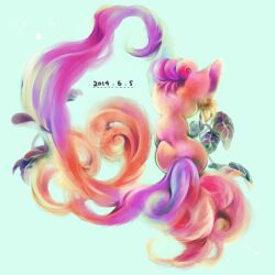 animal_focus commentary_request dated facing_away flower_request gen_1_pokemon kumt_8 leaf long_tail nintendo pokemon pokemon_(creature) simple_background sitting solo tail vulpix