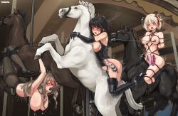 3girls absurdres anal anal_beads anal_object_insertion bdsm black_boots black_hair black_pantyhose blonde_hair bondage boots bound breasts carousel cum cum_in_ass cum_in_mouth cum_in_pussy cum_inflation dildo dildo_riding ejaculation elbow_gloves glasses gloves grey_hair highres inflation inoue_takina internal_cumshot large_breasts long_hair lycoris_recoil medium_breasts multiple_girls nakahara_mizuki nipple_bells nipple_piercing nipple_rings nipples nishikigi_chisato object_insertion pantyhose piercing restrained rolling_eyes sex_toy shibari short_hair squirting_dildo suspension thigh_boots tongue tongue_out twintails vaginal vaginal_object_insertion yaya_(17201490)
