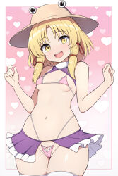 1girl :d bikini blonde_hair breasts brown_hat commentary_request gradient_background hat heart heart_background highres looking_at_viewer medium_hair moriya_suwako navel open_mouth pink_background pink_bikini purple_skirt rizento skirt small_breasts smile solo swimsuit thighhighs touhou white_thighhighs yellow_eyes