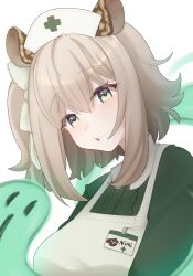 1girl animal_ears apron bow center_frills dress frills green_dress green_eyes hair_bow hat highres indie_virtual_youtuber matoi_miia name_tag naplings_(nimi_nightmare) nimi_nightmare nurse_cap tapir_ears tapir_girl upper_body virtual_youtuber white_apron white_background white_bow white_hat