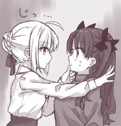 Rule 34 | 2girls, ahoge, artoria pendragon (fate), blush, braid, eye contact, fate/stay night, fate (series), french braid, from side, greyscale, hair between eyes, hand on another&#039;s chin, highres, kabedon, long hair, looking at another, monochrome, multiple girls, saber (fate), sidelocks, sweat, tanka kikurage, tohsaka rin, touching another&#039;s chin, yuri