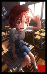 1girl 3d_background :d absurdres artist_logo blue_skirt braid breast_pocket breasts cellphone chair chromatic_aberration classroom clothes_around_waist collared_shirt commentary desk dress_shirt futsuu_no_keion-bu hand_up highres indoors jacket jacket_around_waist loafers logo long_hair looking_at_viewer mole mole_under_eye neck_ribbon on_desk open_mouth phone pleated_skirt pocket red_eyes red_hair red_ribbon ribbon saam_ryu school school_chair school_desk school_uniform shirt shirt_tucked_in shoes sitting skirt smartphone smile socks solo star_(symbol) summer_uniform twin_braids twintails uchida_momo v white_shirt white_socks window wing_collar wooden_floor