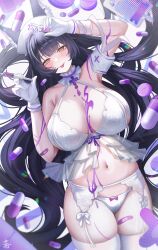1girl :p absurdres animal_ears armband azur_lane bandaid_on_thigh bare_shoulders black_hair blush bow bow_panties breasts cleavage closed_mouth fox_ears fox_girl garter_belt garter_straps gloves hair_spread_out heart heart-shaped_pupils highres holding holding_syringe large_breasts looking_at_viewer musashi_(azur_lane) navel panties pill smile stomach symbol-shaped_pupils syringe tansuan_(ensj3875) thighhighs thighs tongue tongue_out underwear white_garter_belt white_garter_straps white_gloves white_panties white_thighhighs