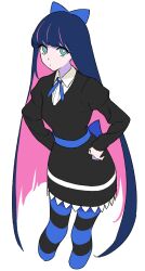 :o aqua_eyes black_dress blue_bow blue_leggings blunt_bangs bow collar colored_inner_hair dress eyelashes gothic_lolita hair_bow hands_on_own_hips highres juliet_sleeves kashiwa_(iersansi) leggings lolita_fashion long_hair long_sleeves looking_at_viewer multicolored_hair pale_skin panty_&amp;_stocking_with_garterbelt pink_hair puffy_sleeves purple_hair stocking_(psg) striped_clothes striped_leggings striped_thighhighs tareme thighhighs two-tone_hair very_long_hair waist_bow white_background