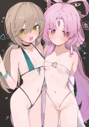 2girls :d absurdres areola_slip bare_shoulders bikini blush breasts brown_hair choker collarbone cowboy_shot eyes_visible_through_hair forehead_jewel fu_xuan_(honkai:_star_rail) green_eyes hair_rings heart highres honkai:_star_rail honkai_(series) long_hair looking_at_viewer micro_bikini mikozin multiple_girls navel o-ring open_mouth pink_eyes pink_hair qingque_(honkai:_star_rail) simple_background small_breasts smile standing stomach string_bikini sweat swimsuit white_bikini