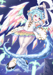 Rule 34 | 1girl, absurdres, blue hair, blue horns, braid, cross-laced clothes, cross-laced dress, crystal horns, crystal tail, crystal wings, dragon girl, dragon horns, dragon wings, floating, floating object, floating sword, floating weapon, flower, gplnbeat, hairband, highres, horns, ice skates, light blue hair, pantyhose, princess connect!, rainbow skirt, sheffy (princess) (princess connect!), sheffy (princess connect!), single braid, skates, solo, sword, weapon, white flower, white hairband, white pantyhose, wings