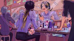 Rule 34 | 4boys, :o, aimono jyushi, applying makeup, ascot, bag, bangs pinned back, belt, black hair, black nails, black pants, black shirt, blonde hair, blue eyes, bottle, ceiling light, cellphone, clock, clothes rack, dressing room, ear piercing, earrings, electrical outlet, fangs, feet out of frame, frilled shirt collar, frilled sleeves, frills, from behind, grey hair, gumiuchi, hair ornament, hairclip, hand on table, harai kuko, highres, holding, holding bottle, holding brush, holding makeup brush, holding makeup palette, hypnosis mic, jewelry, leaning forward, leather, leather pants, long hair, looking at reflection, makeup brush, makeup palette, male focus, marker, mirror, multicolored hair, multiple boys, multiple piercings, multiple rings, nail polish, object on lap, object request, on stool, open mouth, pants, parted hair, phone, piercing, purple bag, red hair, reflection, ring, shirt, short hair, sitting, sleeves pushed up, smartphone, solo focus, standing, stool, streaked hair, studded belt, stuffed animal, stuffed pig, stuffed toy, sweatdrop, table, teeth, v-shaped eyebrows, video call, visual kei, wall clock, water bottle, white ascot, white shirt, wide-eyed, wireless earphones