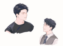 1boy ^_^ amazing_night asian black_hair black_shirt blue_necktie character_request chinese_commentary closed_eyes collared_shirt commentary_request cropped_shoulders diagonal-striped_clothes diagonal-striped_necktie dress_shirt forehead grey_vest grin half-closed_eyes highres linbeiyx looking_ahead male_focus multiple_views necktie parted_lips profile real_life realistic shirt short_hair short_sleeves sideburns simple_background smile striped_clothes t-shirt very_short_hair vest waistcoat white_background white_shirt wing_collar