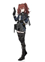 1girl beizhi black_boots black_gloves black_thighhighs boots coat commandant_(pgr) commentary english_commentary full_body gloves gun handgun highres long_hair punishing:_gray_raven red_eyes red_hair shorts solo thighhighs twintails weapon white_background