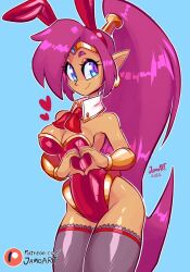 1girl bare_shoulders blue_background blue_eyes breasts cleavage dark-skinned_female dark_skin heart heart_hands jamoart leotard long_hair playboy_bunny pointy_ears purple_hair shantae shantae_(series) thighhighs very_long_hair wide_hips