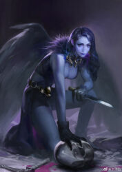 1girl angel angel_wings anklet bare_legs black_collar black_shirt black_skirt black_wings blood blood_splatter blue_lips blue_skin breasts chinese_commentary cleavage closed_mouth collar colored_skin commentary_request crop_top dagger eyelashes eyeshadow feathered_wings fur_collar gold_belt gold_necklace helm helmet highres holding holding_dagger holding_knife holding_weapon jewelry knife lipstick long_skirt makeup medium_breasts midriff necklace night on_one_knee original outdoors pink_blood purple_eyes purple_hair realistic severed_head shirt skirt sleeveless sleeveless_shirt smirk solo thick_eyebrows watermark weapon weibo_watermark wings xiaxiama