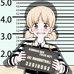 1girl aki_(girls_und_panzer) crying girls_und_panzer grey_hair height_mark highres holding_board mugshot prison_clothes redrum_(haghighiaria25) short_twintails tears twintails