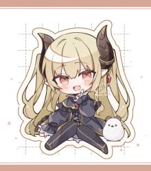 1girl :d black_capelet black_dress black_pantyhose black_shoes blush brown_horns capelet chibi chibi_only commentary commission dress fang frilled_capelet frills full_body green_hair grid_background hand_up horns indie_virtual_youtuber letterboxed long_hair long_sleeves looking_at_viewer open_mouth outline pantyhose pointy_ears red_eyes ringouulu sakuma_kurumu shoes sitting skeb_commission skin_fang smile solo twitter_username very_long_hair virtual_youtuber white_background