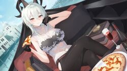 1girl bandeau bare_shoulders belt black_bandeau black_gloves black_horns black_pants blush book book_stack bottle closed_mouth commentary_request crossed_legs cup curled_horns drinking_glass dutch_angle earrings food gloves hair_between_eyes hand_up highres hip_vent holding holding_food holding_pizza horns jewelry key_earrings looking_at_viewer navel official_alternate_costume orange_eyes outdoors pants pizza see-through_clothes see-through_shirt shirt sino_(oyasumi_hf) sitting smile solo tight_clothes tight_pants white_shirt wine_glass wuthering_waves zani_(wuthering_waves)