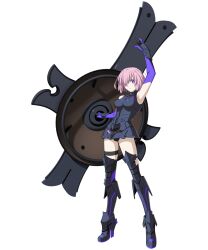 Rule 34 | 1girl, ahoge, arm up, armor, armored boots, armored dress, armored footwear, armored legwear, bare shoulders, black leotard, black straps, bob cut, boobplate, boots, breastplate, bright pupils, closed mouth, dress, elbow gloves, fate/grand order, fate (series), frown, full body, game cg, gloves, greaves, grey armor, hair over one eye, high heel boots, high heels, highres, holding, holding shield, legs apart, leotard, leotard under clothes, looking at viewer, lord camelot (fate), mash kyrielight, mash kyrielight (demi-servant), melty blood, melty blood: type lumina, mizuumi (site), narrow waist, non-web source, official art, oversized object, purple eyes, purple gloves, purple hair, purple pupils, shield, short dress, short hair, solo, standing, tachi-e, takahashi rie, takeuchi takashi, thigh strap, tsukihime, tsukihime (remake), two-tone sleeves, type-moon, v-shaped eyebrows, voice actor connection