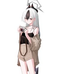 1girl absurdres black_camisole black_choker black_hair black_horns blue_archive brown_jacket brown_shorts camera camisole choker closed_mouth collarbone demon_horns grey_hair hair_between_eyes halo hands_up hashtag-only_commentary highres hit_by_hit holding holding_camera horns jacket kayoko_(blue_archive) long_hair looking_at_viewer mole mole_on_collarbone multicolored_hair red_eyes shorts simple_background smile solo standing two-tone_hair white_background