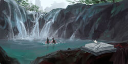 2boys bathing black_hair bug butterfly folded_clothes from_behind headband high_ponytail insect lan_wangji leaf long_hair modao_zushi mountain multiple_boys nude partially_submerged ponytail red_ribbon reflection reflective_water ribbon rock topknot unworn_clothes water waterfall wei_wuxian white_headband wide_shot xianduguaitan xiao_guan_(headdress)