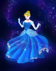 Rule 34 | 1girl, blonde hair, blue dress, blue eyes, choker, cinderella (disney character), cinderella (disney movie), dress, earrings, elbow gloves, gloves, gown, hair bun, hairband, highres, jewelry, kaiha629, looking at viewer, princess, princess dress, short hair, smile, solo