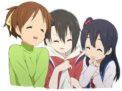 10s 3girls black_hair bow brown_hair casual child closed_eyes company_connection creator_connection crossover green_shirt hair_bobbles hair_bow hair_ornament highres hirasawa_ui hood hoodie k-on! kicchi_(tmgk) kitashirakawa_anko koe_no_katachi kyoto_animation long_hair multiple_crossover multiple_girls nishimiya_yuzuru ponytail shirt short_hair side_ponytail simple_background smile tamako_market trait_connection white_background