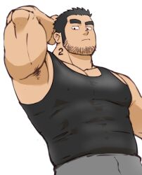 1boy abs arm_behind_head arm_up armpits bara beard_stubble black_shirt black_tank_top closed_mouth commentary_request facial_hair highres looking_at_viewer lucas_lee male_focus muscular muscular_male number_tattoo pectorals scott_pilgrim_(series) scott_pilgrim_takes_off shirt sleeveless sleeveless_shirt stubble tank_top tattoo white_background yanutorie