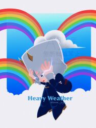 Rule 34 | 1boy, blue bodysuit, bodysuit, chibi, cloud, crying, crying with eyes open, english text, fake horns, fur-trimmed sleeves, fur hat, fur trim, hands on own head, hat, highres, horns, jojo no kimyou na bouken, kmnm jogio, lightning, male focus, open mouth, rainbow, sky, solo, stone ocean, tears, weather report, white fur, white hair