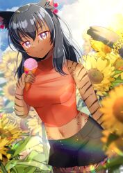 1girl animal_ear_fluff animal_ears bare_arms bare_shoulders black_hair black_shorts blue_sky breasts brown_eyes chain closed_mouth cloud cloudy_sky commentary_request commission crop_top dark-skinned_female dark_skin day final_fantasy final_fantasy_xiv flower food groin hair_between_eyes holding holding_food ice_cream ice_cream_cone kou_hiyoyo long_hair looking_at_viewer medium_breasts midriff miqo&#039;te navel outdoors red_shirt shirt short_shorts shorts skeb_commission sky smile solo sunflower tail warrior_of_light_(ff14) yellow_flower