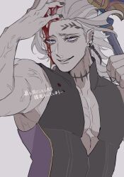 1boy abs_peek black_shirt bleeding blood blood_drip blood_from_forehead blood_on_chest blood_on_face blood_on_hands choker collarbone ear_piercing earrings expressionless facial_tattoo forehead_tattoo gold_trim grin hades_(shuumatsu_no_valkyrie) hair_back half-closed_eyes hands_up high_collar highres holding holding_polearm holding_weapon jacket jewelry leaf_tattoo male_focus multiple_earrings muscular muscular_male pectoral_cleavage pectorals piercing pointy_ears polearm purple_background purple_eyes purple_shirt shirt short_hair shuumatsu_no_valkyrie sideways_glance sleeveless sleeveless_shirt slicked_back_hair smile solo spiked_choker spikes tattoo toned toned_male two-tone_shirt unworn_jacket upper_body veins veiny_arms weapon white_hair